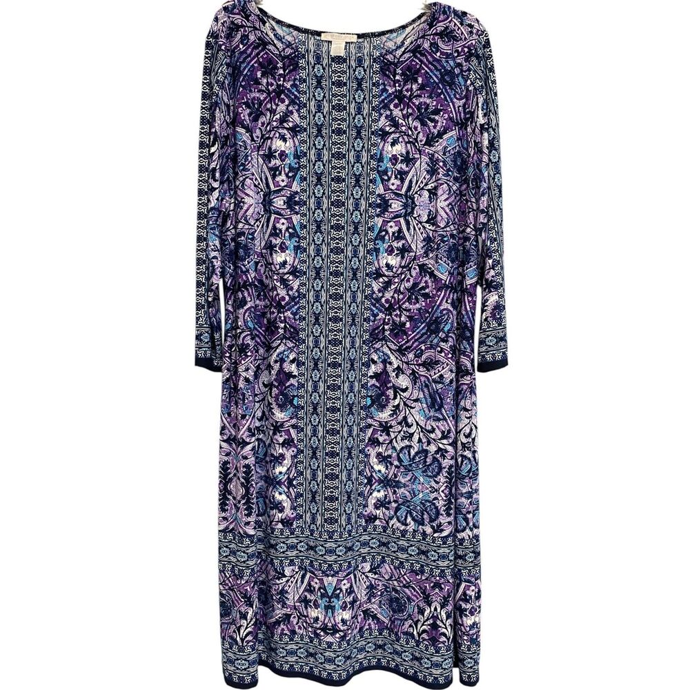 London Times Dress 3X Plus Size Purple Blue Medallion Paisley Shift Midi Knit